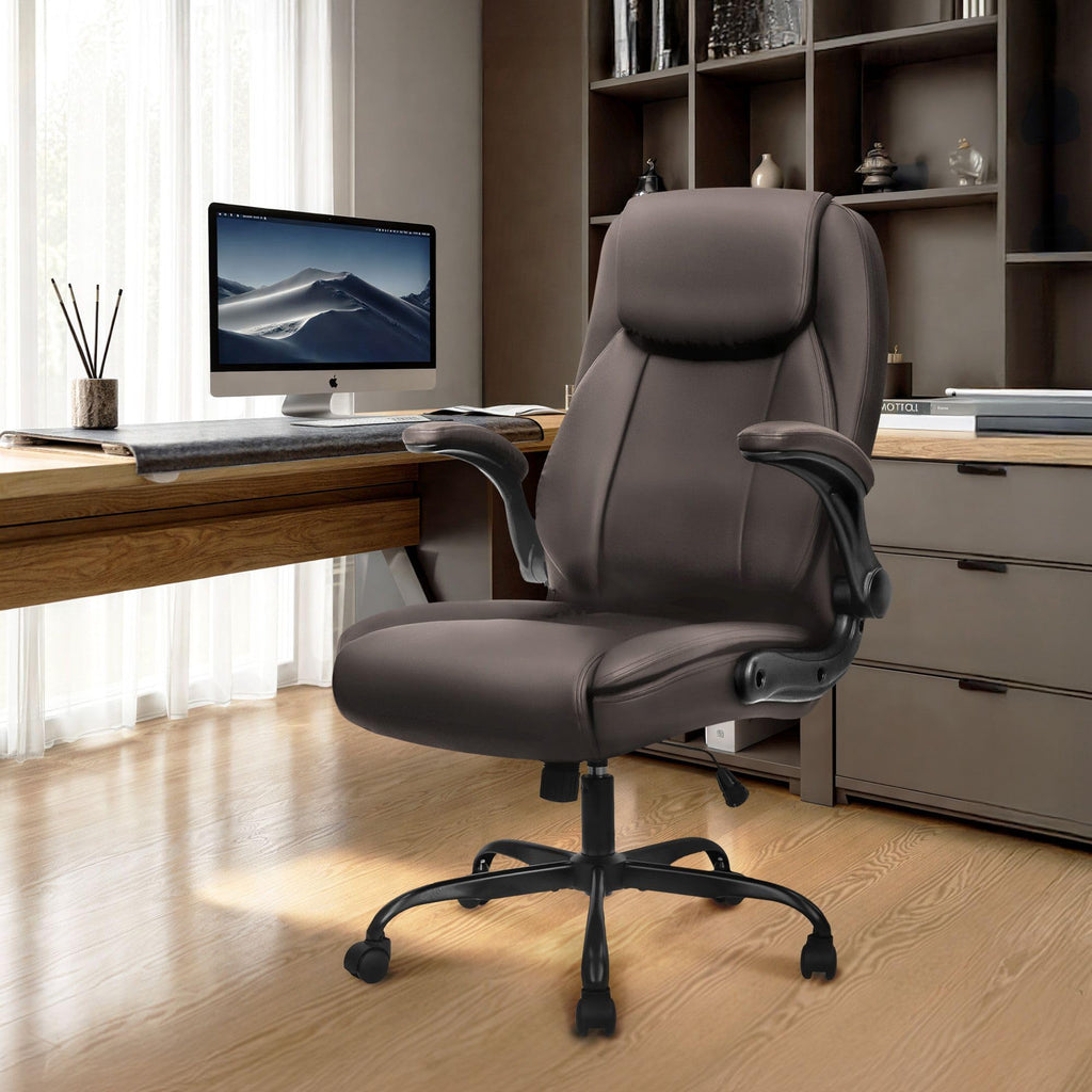 Office Desk Gaming Computer Home Chair Ergonomic Executive High Back Support Flip-up Arms Adjustable Height Swivel Rolling Wheels Comfy PU Leather (Brown)