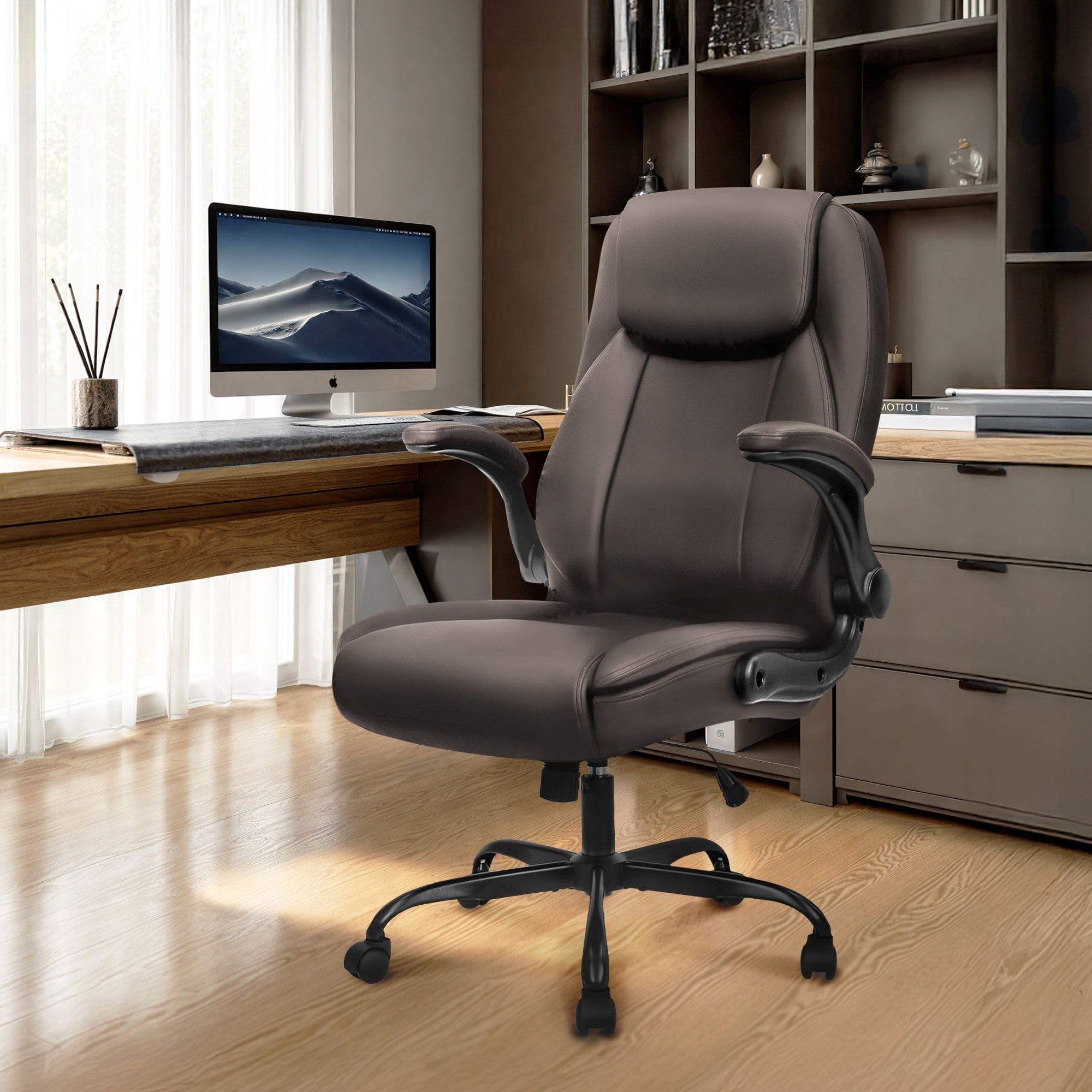 Office Desk Gaming Computer Home Chair Ergonomic Executive High Back Support Flip-up Arms Adjustable Height Swivel Rolling Wheels Comfy PU Leather (Brown)