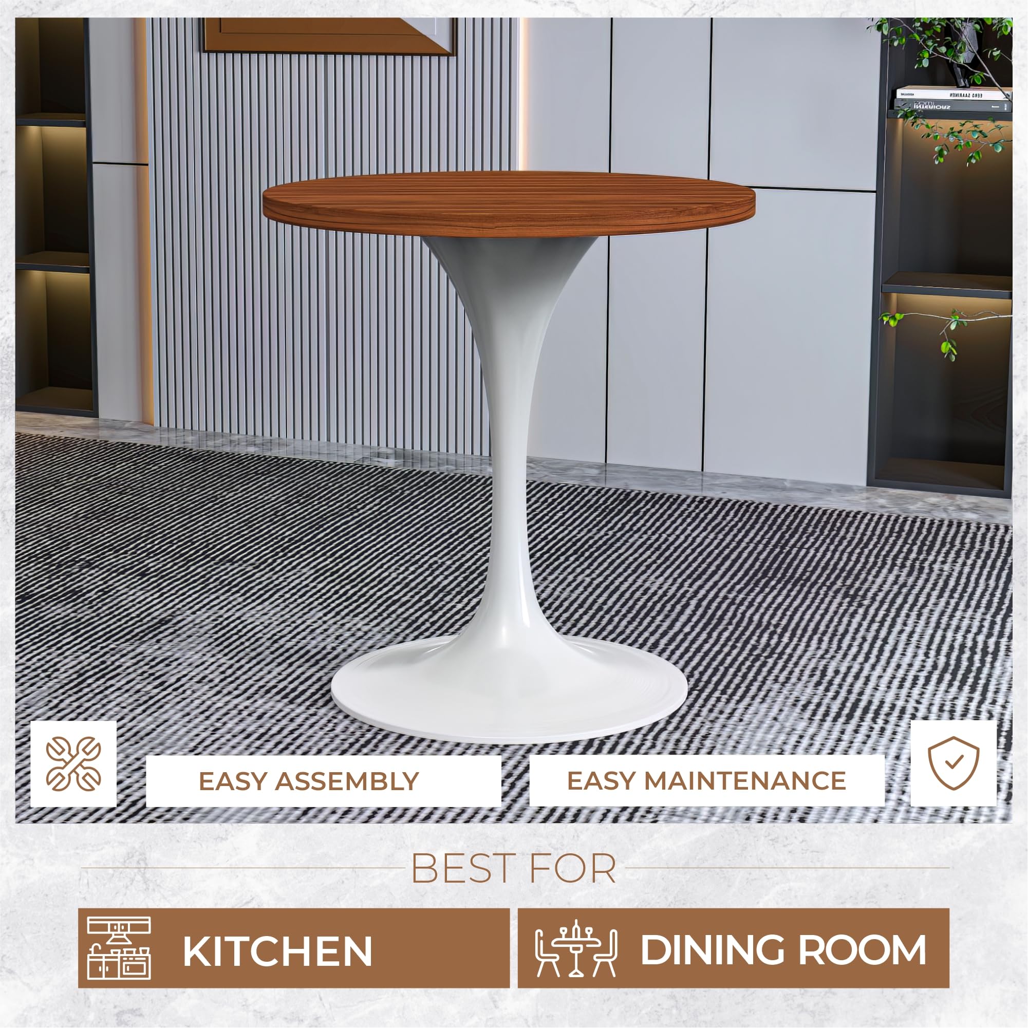 Mid-Century Modern 27 Inch Round Dining Table, MDF Wood Tabletop with White Steel Pedestal Base, Contemporary Kitchen & Dining Room, Small Space Breakfast Table, Cognac Brown