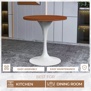 Mid-Century Modern 27 Inch Round Dining Table, MDF Wood Tabletop with White Steel Pedestal Base, Contemporary Kitchen & Dining Room, Small Space Breakfast Table, Cognac Brown
