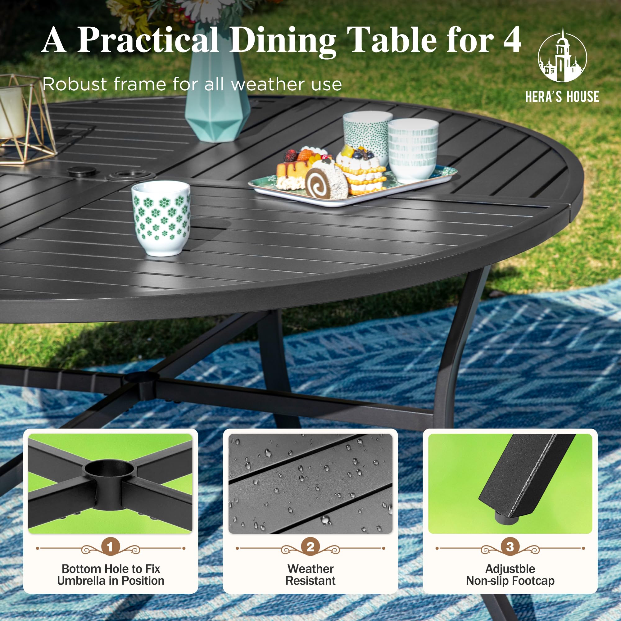 5 Pieces Patio Dining Set, 4 x Blue Textilene Dining Chair, 42" Metal Round Dining Table, Patio Table and Chairs Set for Lawn Garden Backyard Deck