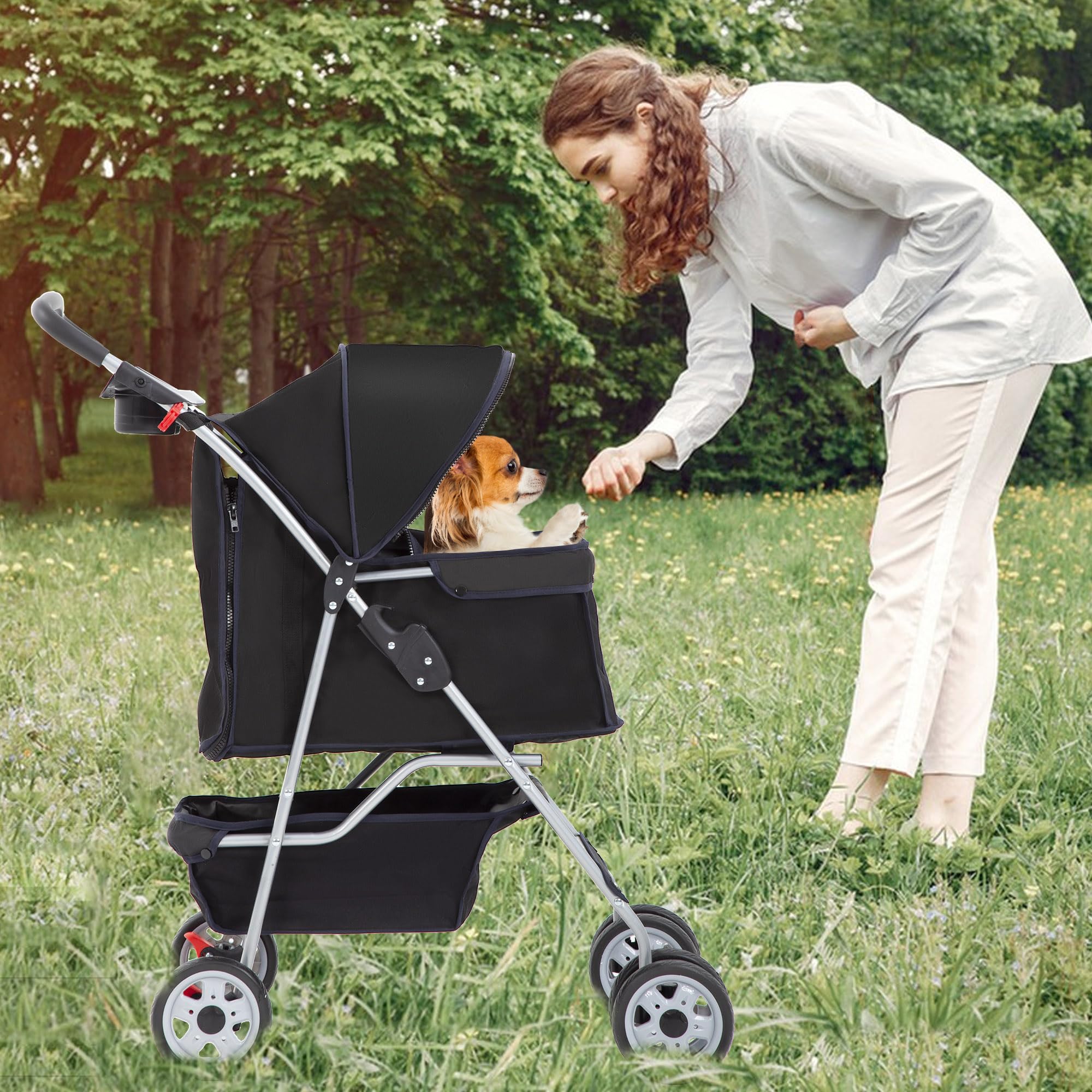 Pet Stroller 4-Wheel Dog Cat Stroller Travel Folding Carrier Puppy Stroller with Cup Holder and Removable Liner for Small Medium Dogs Cats, Black