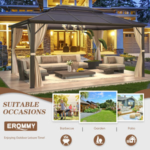 12'x16' Gazebo Polycarbonate Double Roof Pavilion Gazebo Outdoor Aluminum Frame Canopy with Netting and Curtains for Garden Patio Lawns Parties