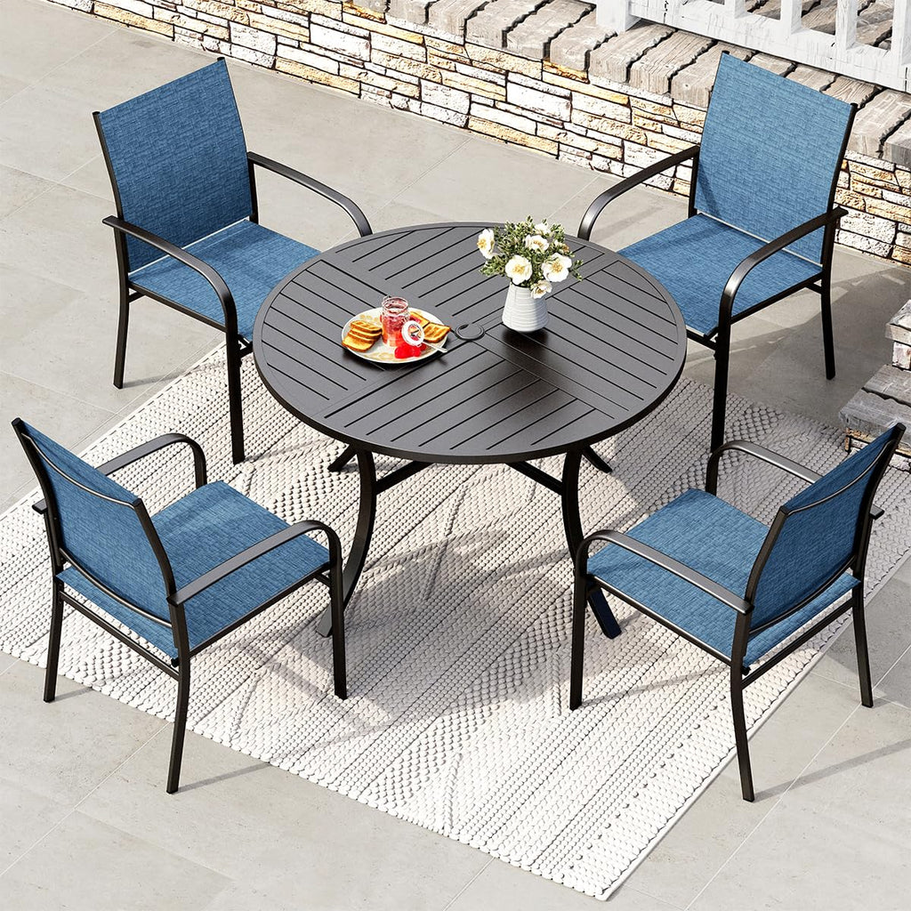 5 Pieces Patio Dining Set, 4 x Blue Textilene Dining Chair, 42" Metal Round Dining Table, Patio Table and Chairs Set for Lawn Garden Backyard Deck