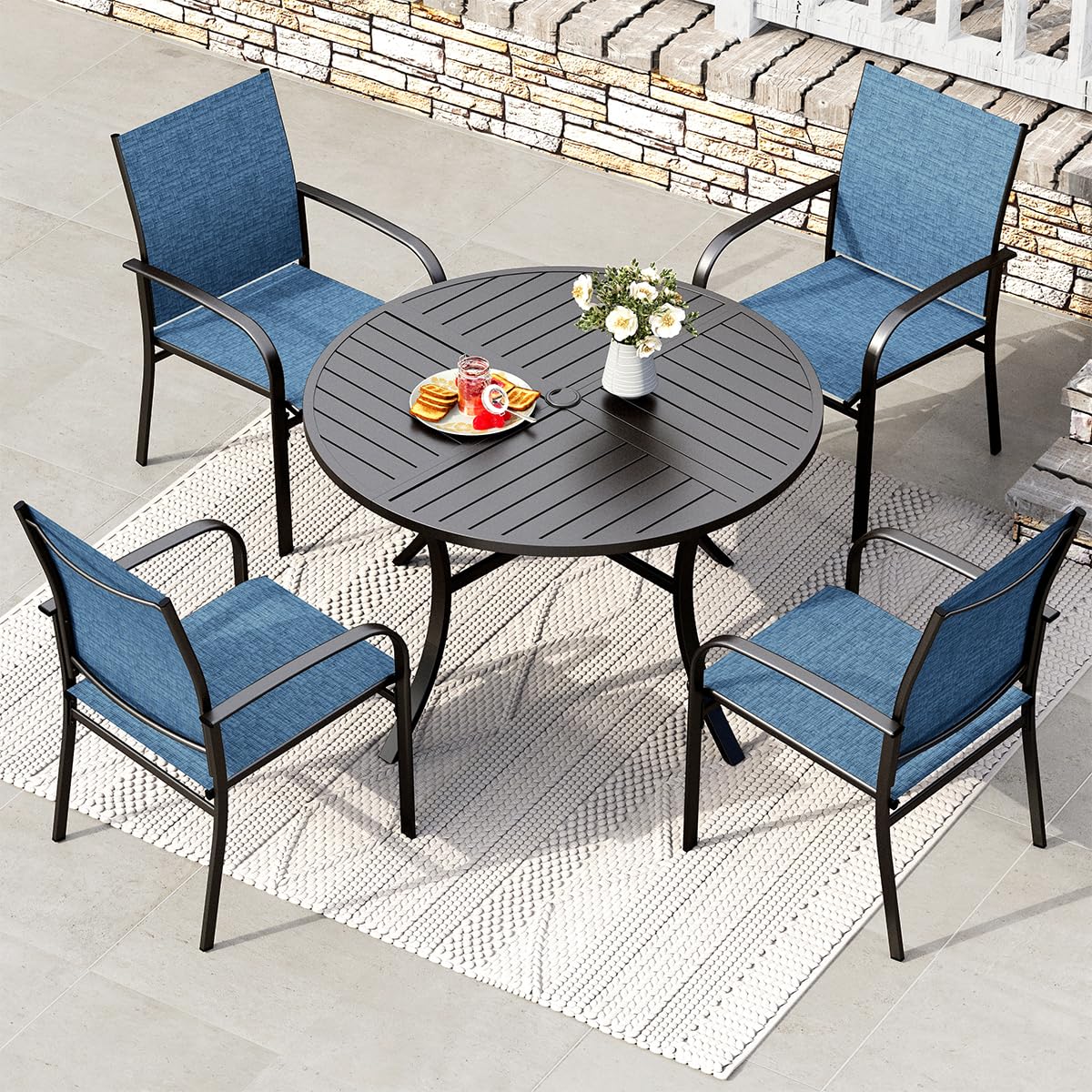 5 Pieces Patio Dining Set, 4 x Blue Textilene Dining Chair, 42" Metal Round Dining Table, Patio Table and Chairs Set for Lawn Garden Backyard Deck
