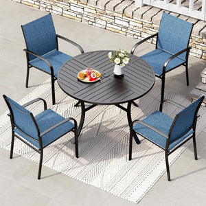 5 Pieces Patio Dining Set, 4 x Blue Textilene Dining Chair, 42
