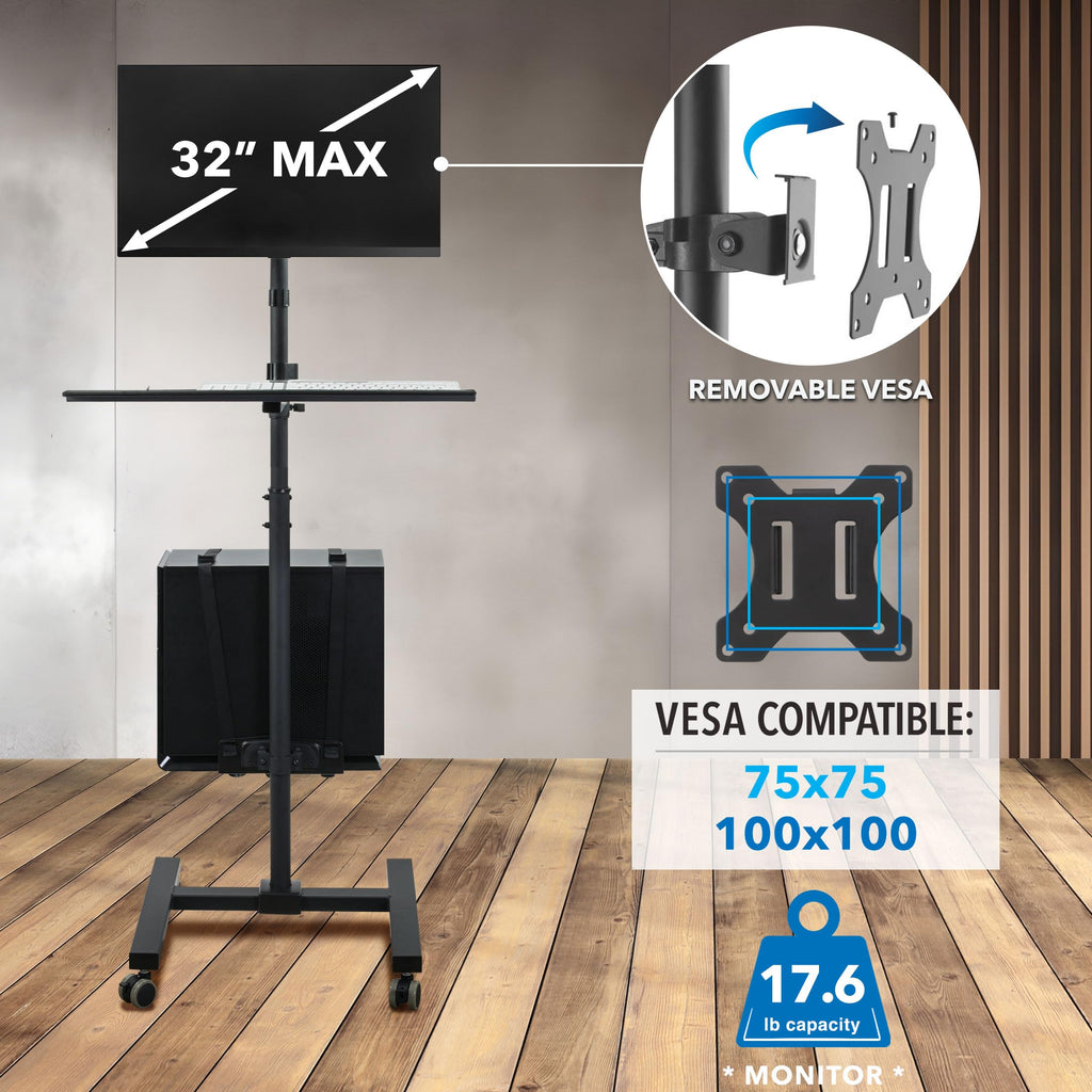 Rolling Computer Cart on Wheels, Mobile Desk Workstation with Monitor Mount for up to 32" Screen, Full Keyboard Tray, Floating Adjustable CPU Holder, Standing up to 70" Tall