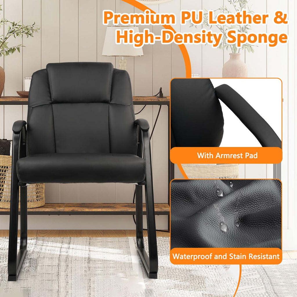 Classic Leather Soft Reception Chair with Padded Armrests and Sled Base, Executive Guest Chair for Office Computer Desk Conference Waiting Meeting Room, Black (8 Pack)