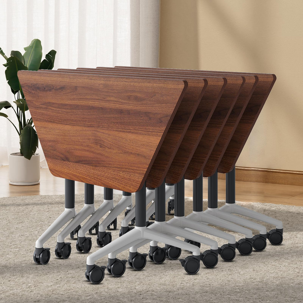 6 Pack Folding Conference Tables with Wheels, 4FT Modern Walnut Modular Conference Room Table Mobile Trapezoid Foldable Training Table for Office Classroom Meeting (6PACK)