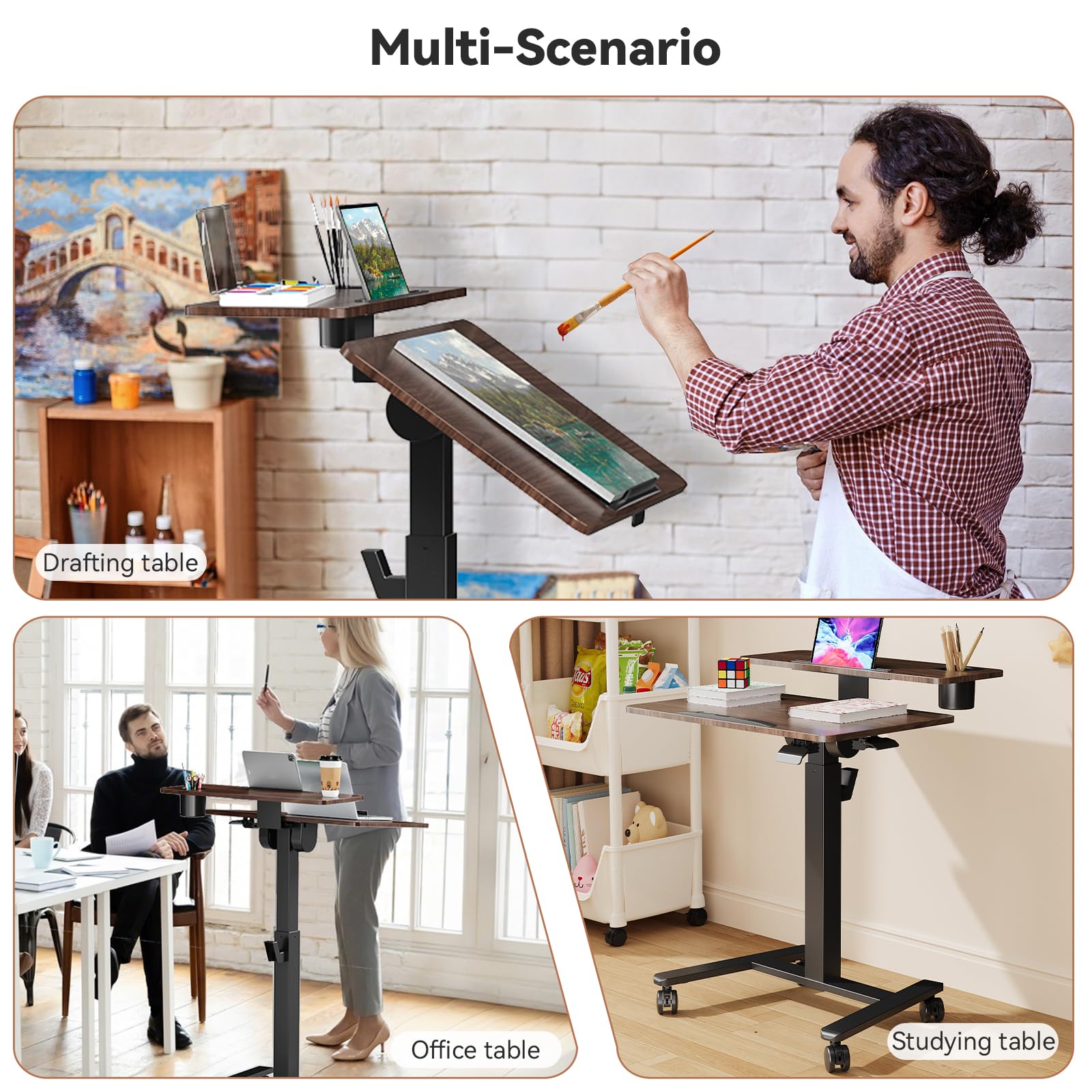 28 inch Mobile Standing Desk On Wheels， Small Computer Workstation Adjustable Height，Rolling Laptop Stand with Tiltable Desktop， 2-Tier Portable Study Table with Storage Shelf， Walnut