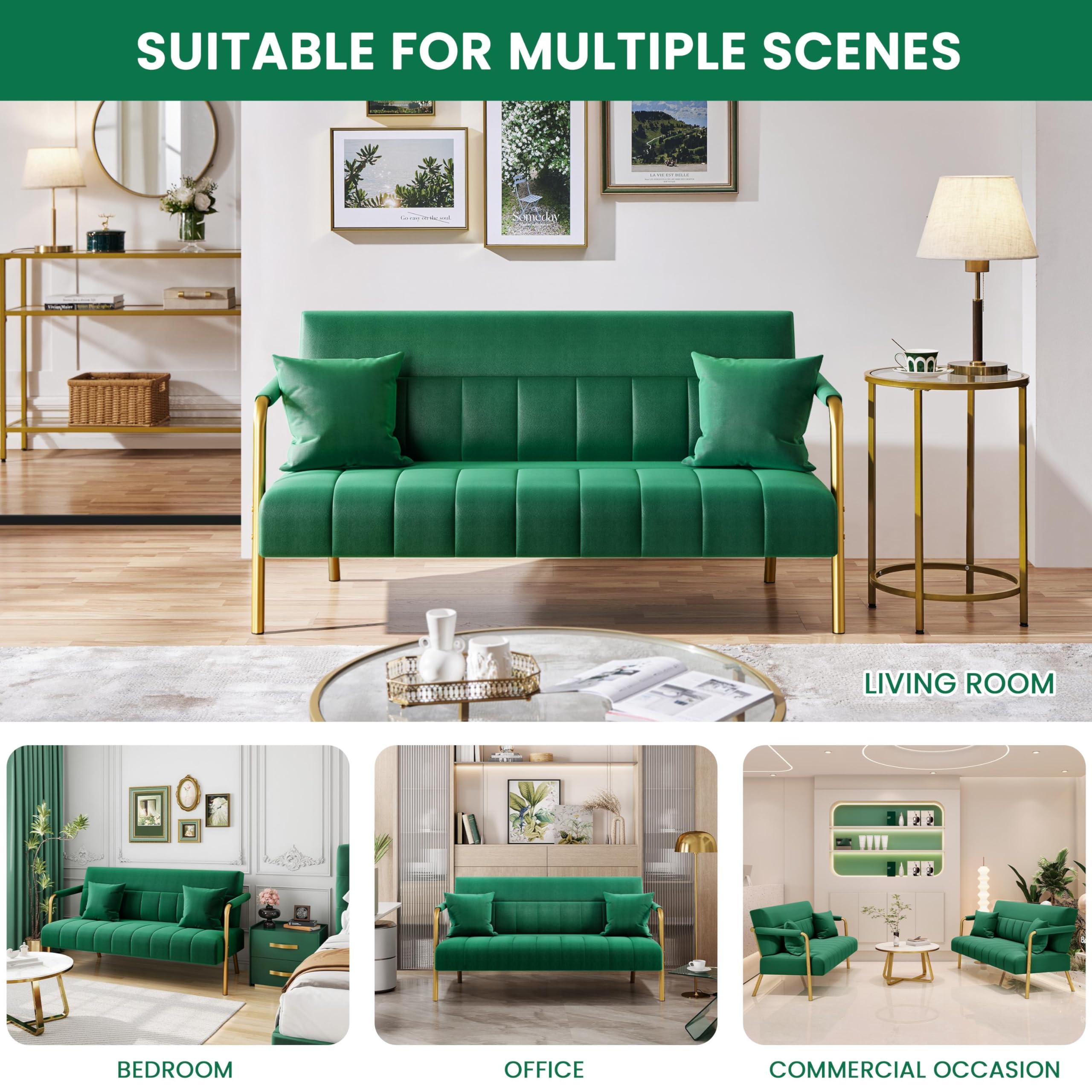 56.5" W Modern Sofa Small Sofa Luxurious Velvet Fabric Couch with Gold-Tone Metal Arms and Legs for Living Room, Home Office, Studio Green
