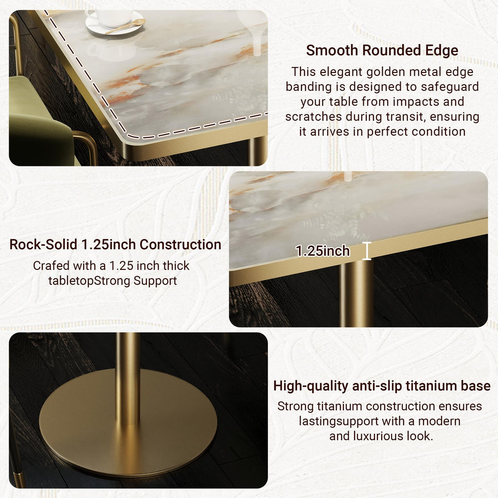 31.5" Tulip Table,Square Kitchen Dining Table for 2-4 with Thick Sintered Stone Top,Titanium Golden Pedestal Base,Heat-Resistant,Bistro Table for Dining Room,Café,Small Space（Sunrise Strings）