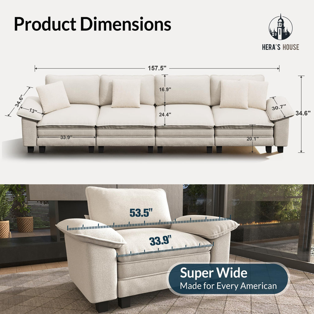 158" Modular Sectional Sofa, Oversized Couches for Living Room, Comfy Cloud Couch 4-Seater Deep Seat Sofa with Throw Pillow, Chenille Beige