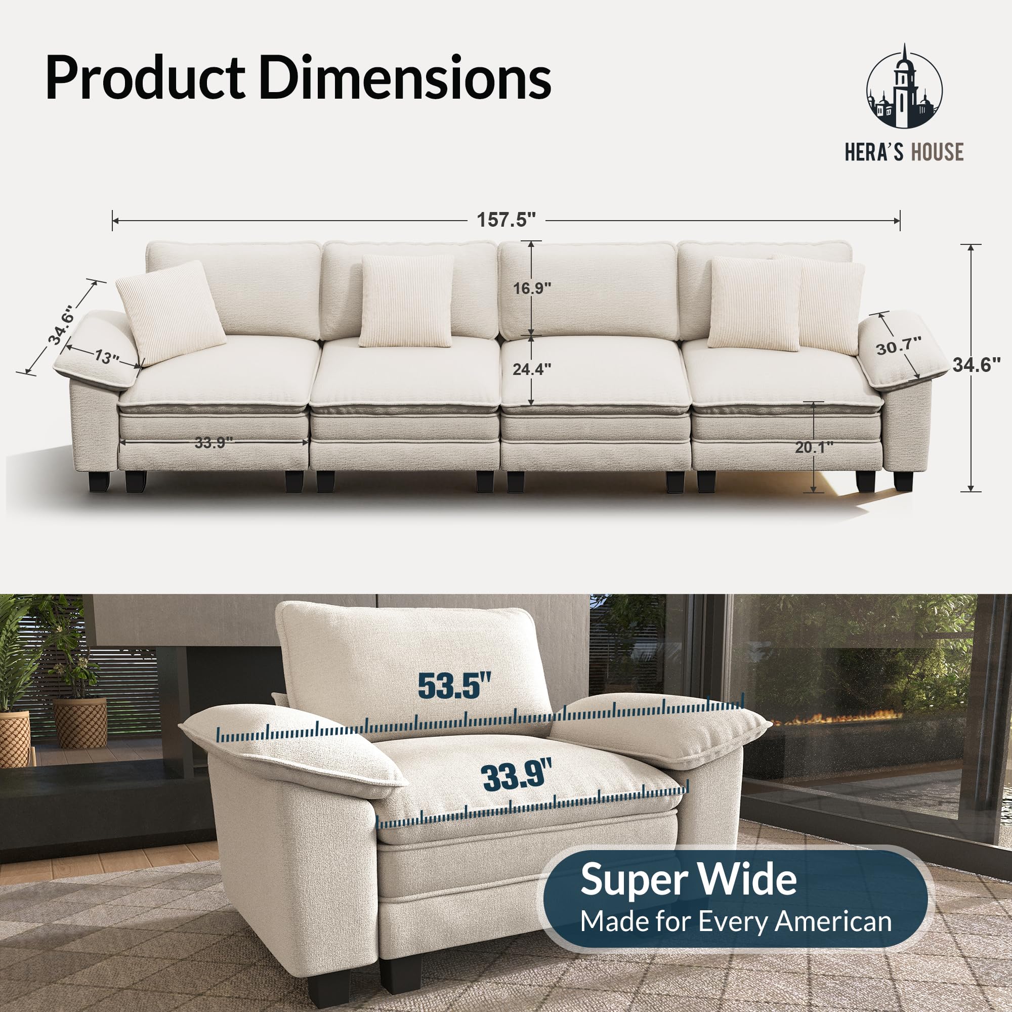 158" Modular Sectional Sofa, Oversized Couches for Living Room, Comfy Cloud Couch 4-Seater Deep Seat Sofa with Throw Pillow, Chenille Beige