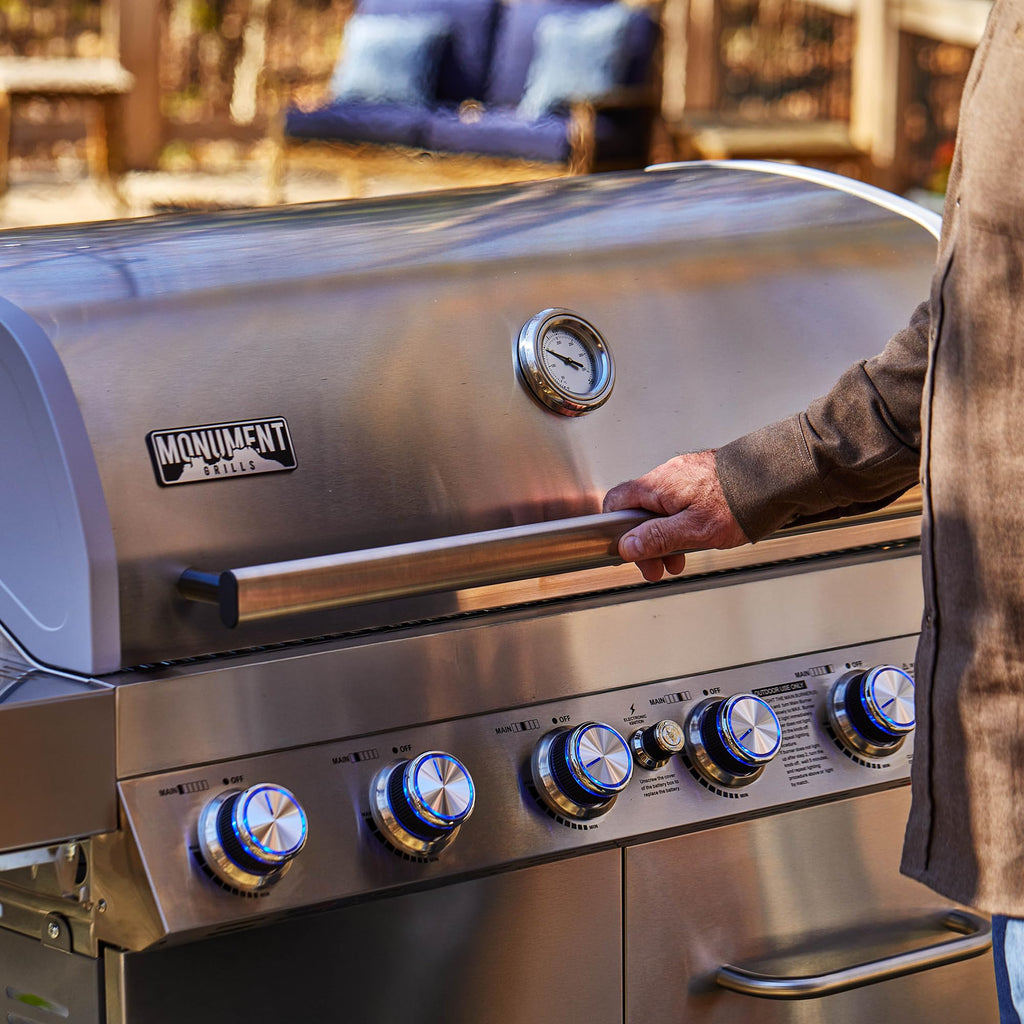 6+1 Burner Stainless Steel Cabinet Style Propane Gas Grill with Knob Controls, Side Burner, Built-In Thermometer, and Rotisserie Kit