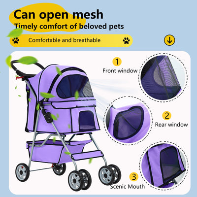 Pet Stroller 4-Wheel Dog Cat Stroller Travel Folding Carrier Puppy Stroller with Cup Holder and Removable Liner for Small Medium Dogs Cats, Purple
