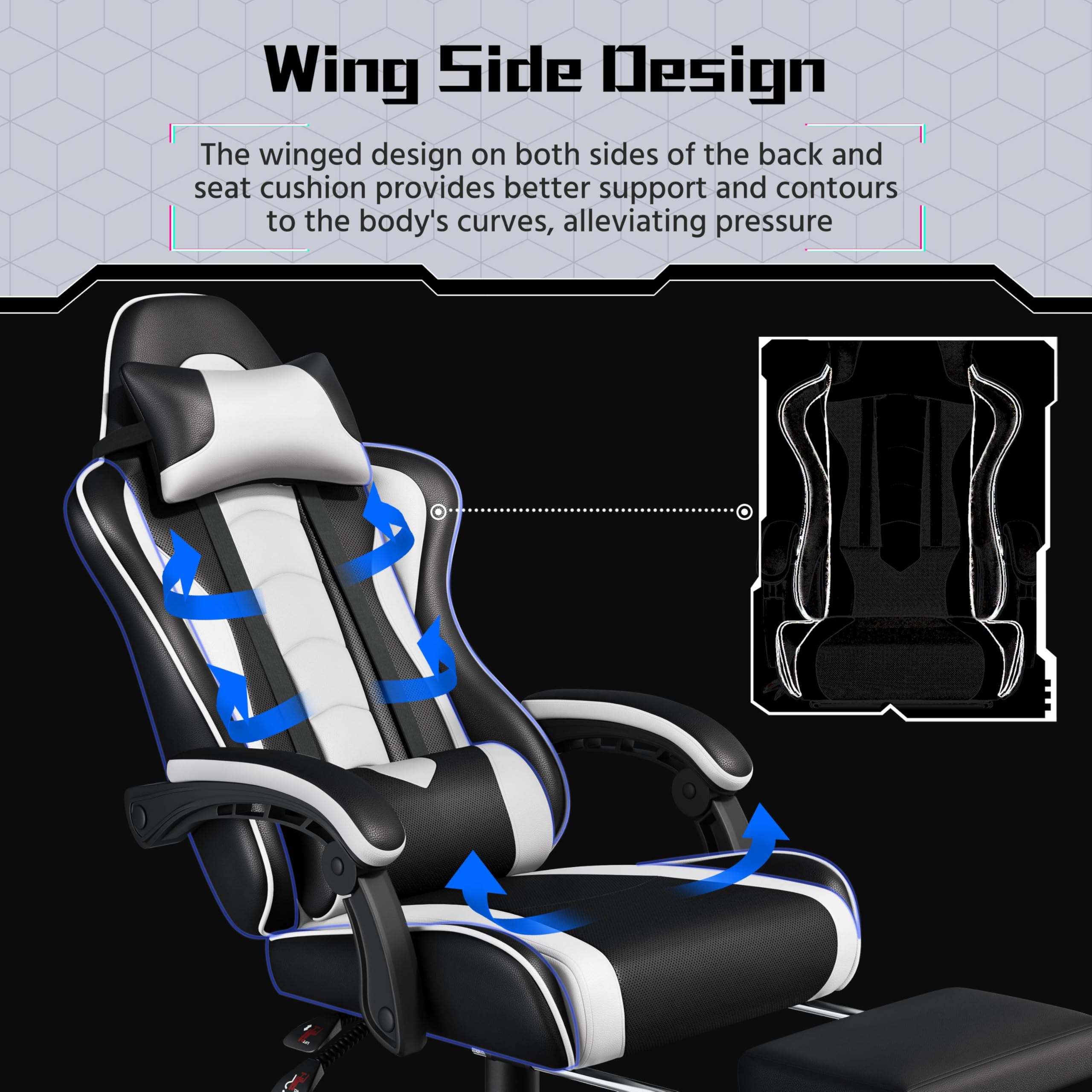 Gaming Chair with Electric Massage Lumbar Support, Footrest & Headrest — Ergonomic High Back Recliner for Home Office, Computer Desk Chair, Height Adjustable, 300 lbs, Black/White