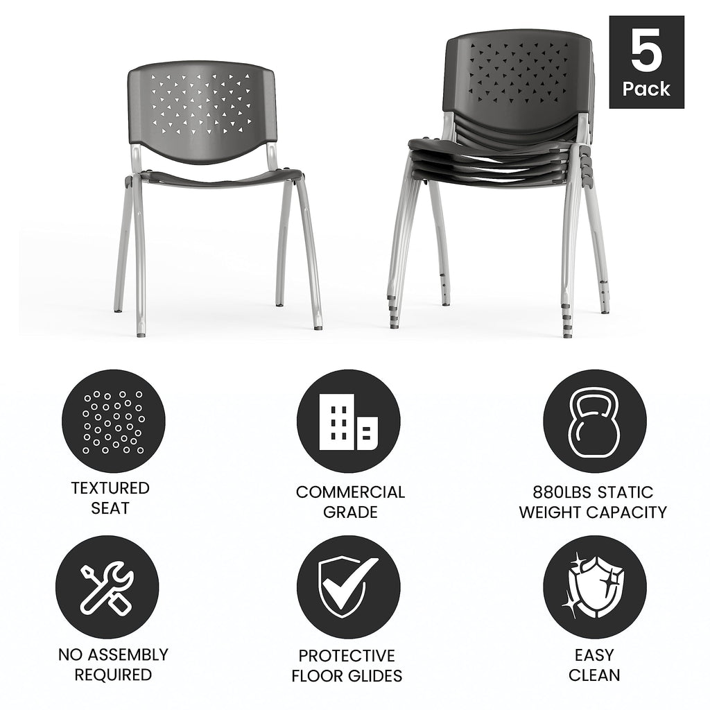 HERCULES -5 Pack 880 lb. Capacity Gray Plastic Stack Chair | Comfortable Seating with Durable Design