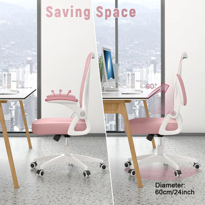Ergonomic Office Chair, Computer Chair with Adjustable Height, Flip-Up Arms and Lumbar Support, Breathable Mesh Desk Chair for Home Study Working (Without Headrest, Pink)