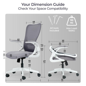 Model U | Folding Office Chair for Small Spaces | Gaming Chair for Adults & Kids | Ergonomic Mesh Computer Chair for Bedroom | Foldable Desk Chair for Home Work (White & Grey)