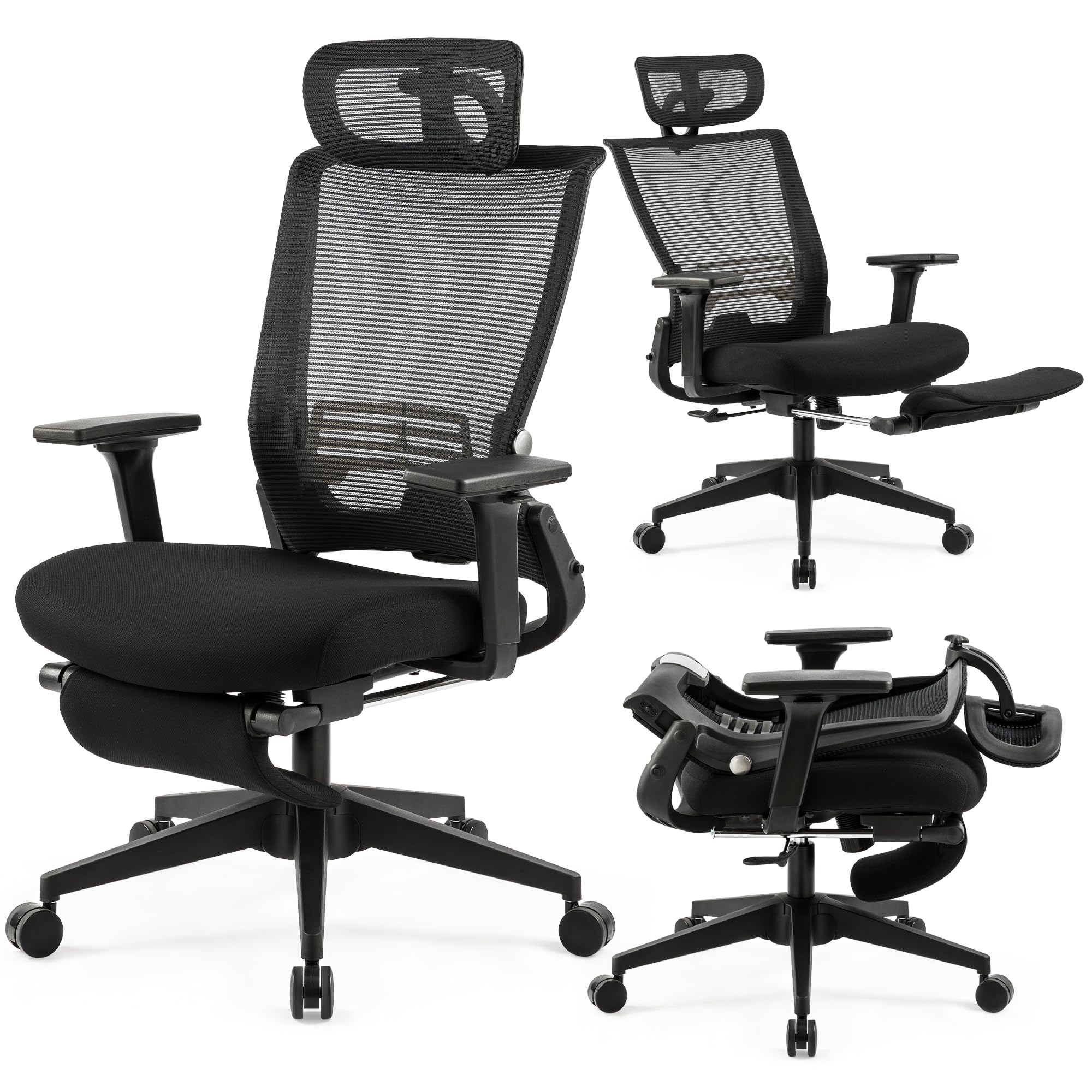 Foldable Office Chair with Foot Rest, Ergonomic Office Chair with Adjustable Lumbar Support, Headrest, Armrest, Home Office Desk Chairs for Space Saving, Work from Home, Black