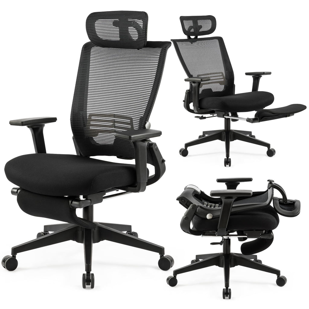 Foldable Office Chair with Foot Rest, Ergonomic Office Chair with Adjustable Lumbar Support, Headrest, Armrest, Home Office Desk Chairs for Space Saving, Work from Home, Black