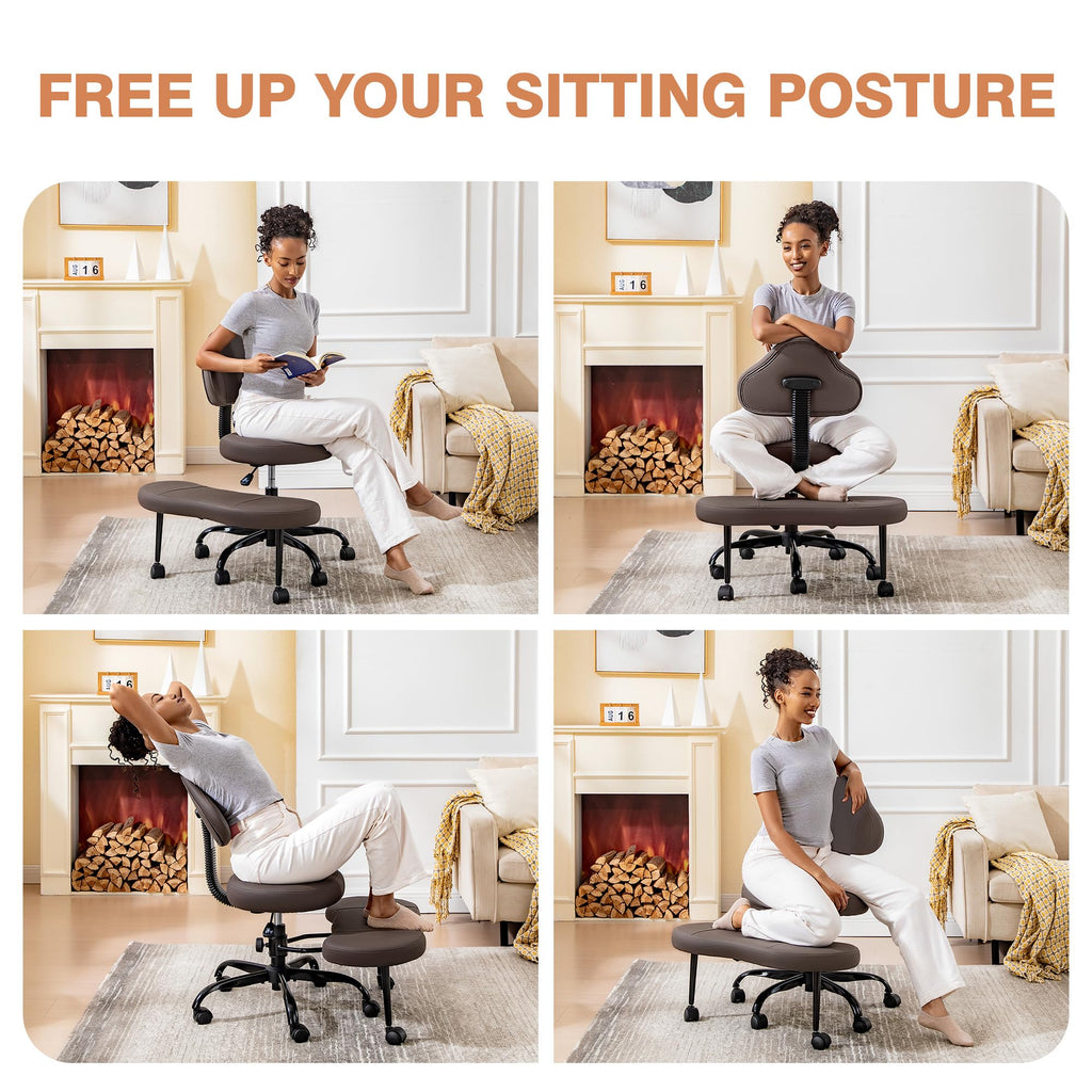 Cross Legged Office Chair, Criss Cross Desk Chair ADHD Meditation Kneeling Yoga Seat with Adjustable Height, Lumbar Support, Wider Footrest and Wheels (Dark Brown)
