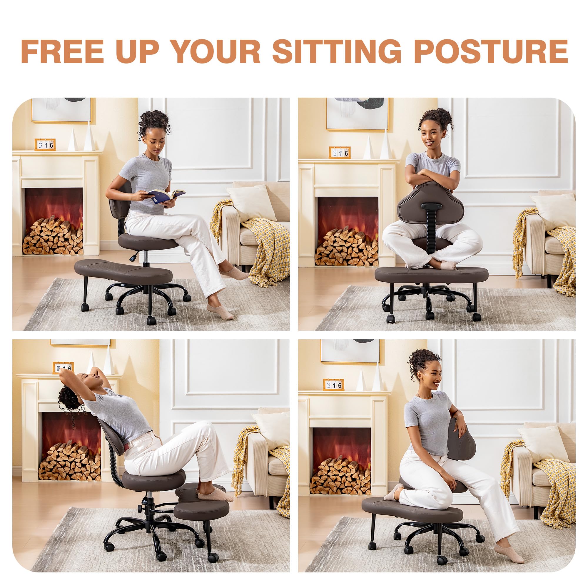 Cross Legged Office Chair, Criss Cross Desk Chair ADHD Meditation Kneeling Yoga Seat with Adjustable Height, Lumbar Support, Wider Footrest and Wheels (Dark Brown)