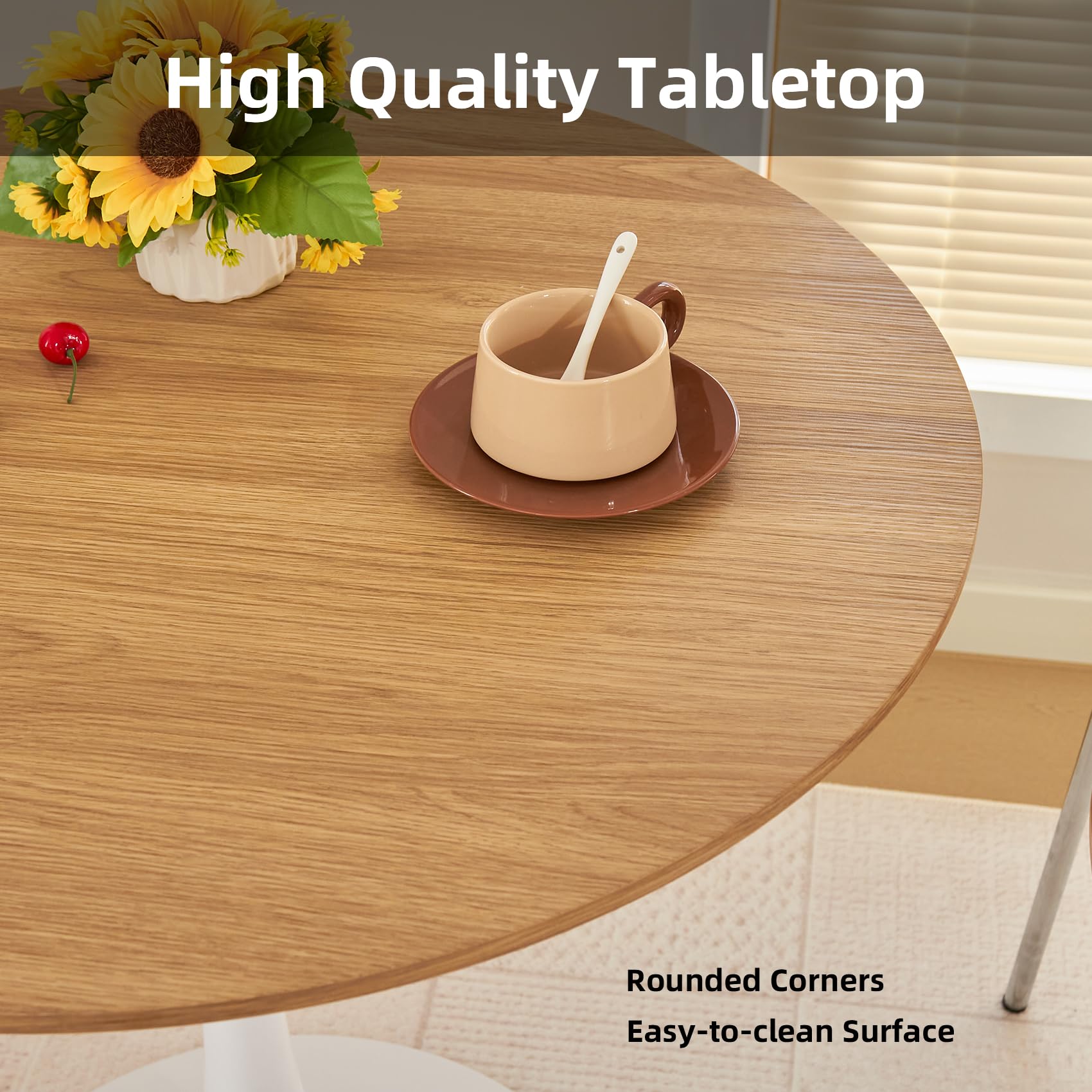Round Dining Table, 31.5" Circle Tulip Table with Thickened Tabletop & Metal Pedestal, Mid Century Modern Bistro Table for Kitchen, Small Places, Living Room, Cafe (Faux Oak)