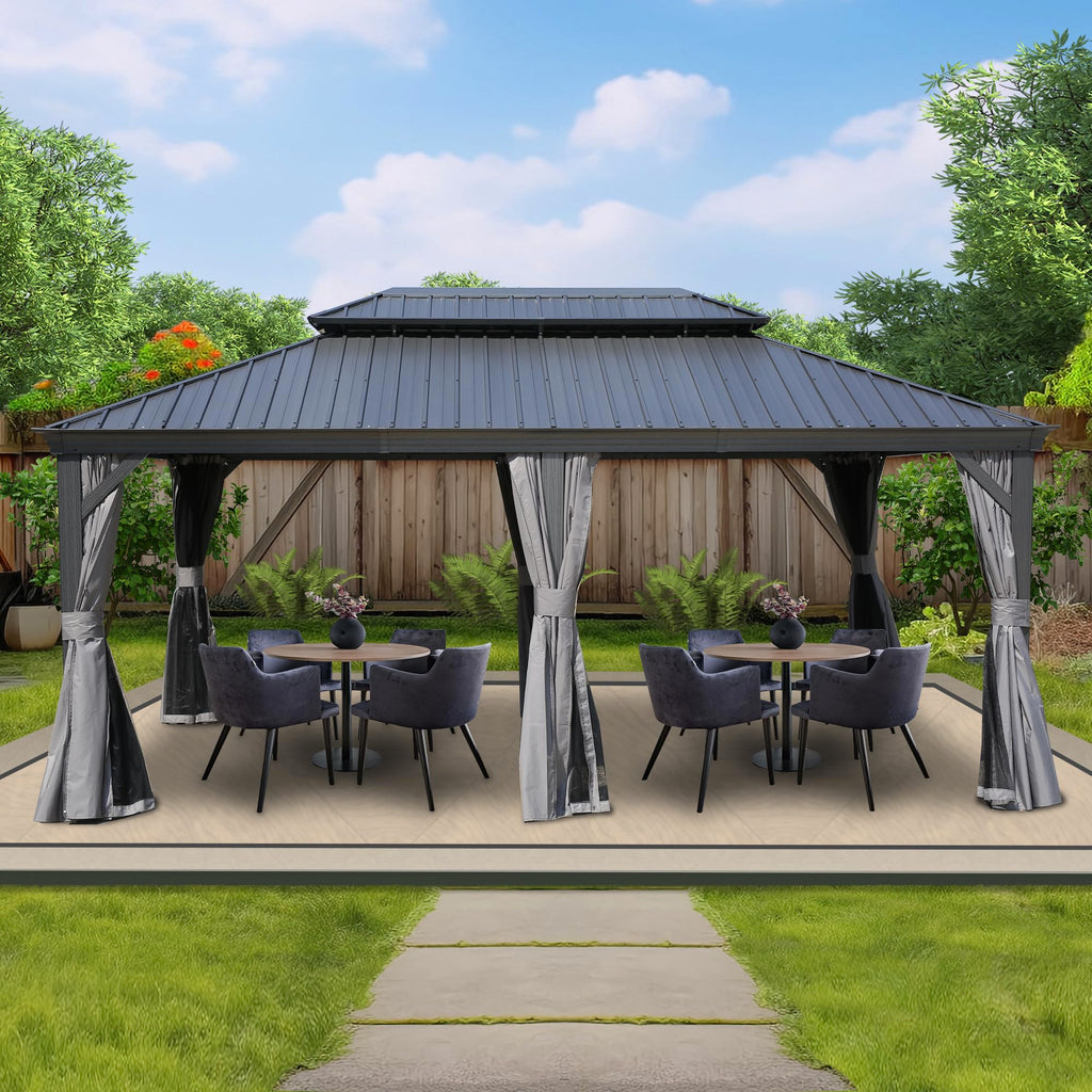12' x 18' Hardtop Gazebo, Aluminum Frame with Galvanized Steel Double Roof, Outdoor Permanent Pavilion with Curtains and Netting for Patio, Backyard, Deck, Lawn(Gray)