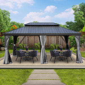 12' x 18' Hardtop Gazebo, Aluminum Frame with Galvanized Steel Double Roof, Outdoor Permanent Pavilion with Curtains and Netting for Patio, Backyard, Deck, Lawn(Gray)