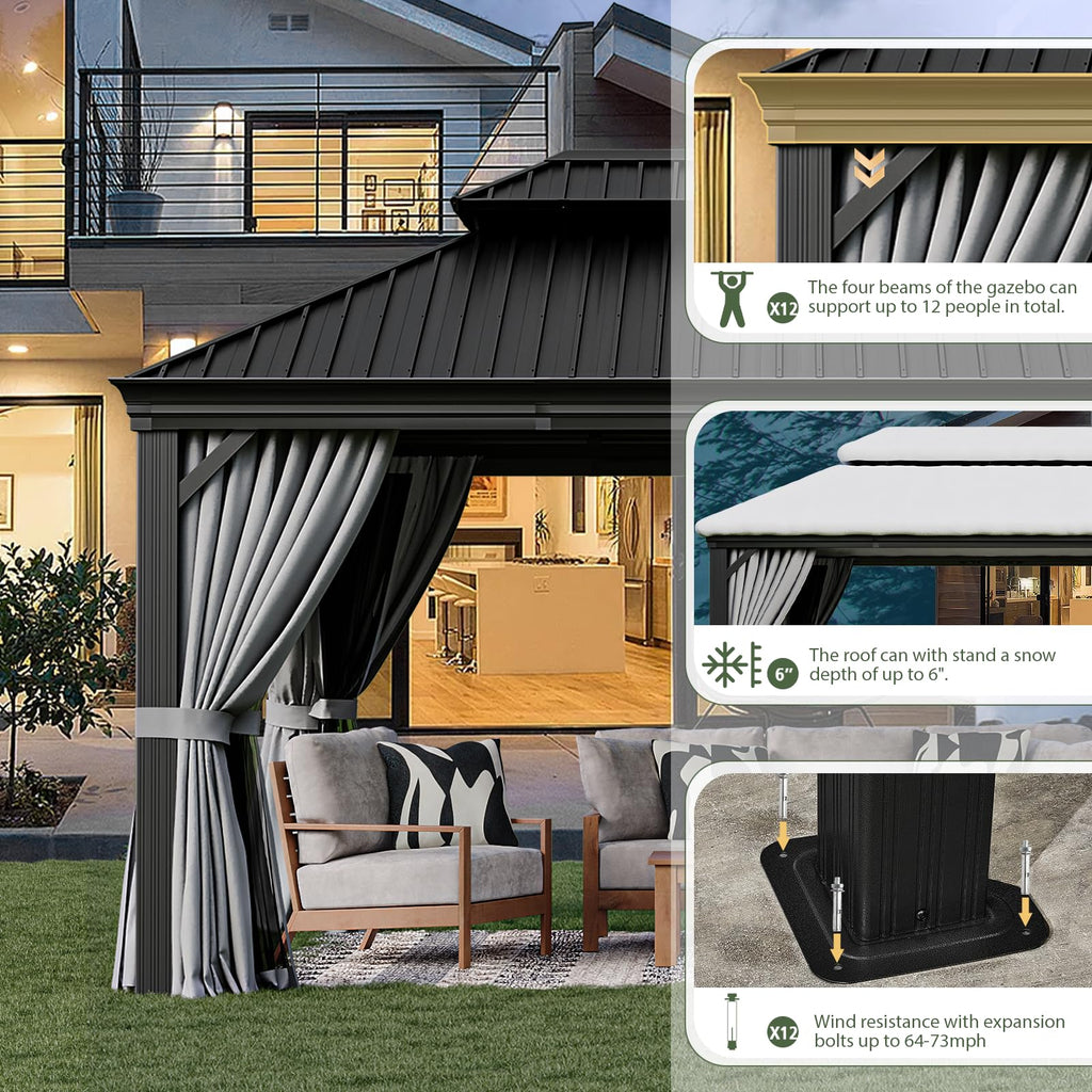 12' X 16' Permanent Hardtop Gazebo Aluminum Gazebo with Galvanized Steel Double Roof for Patio Lawn and Garden, Curtains and Netting Included, Grey