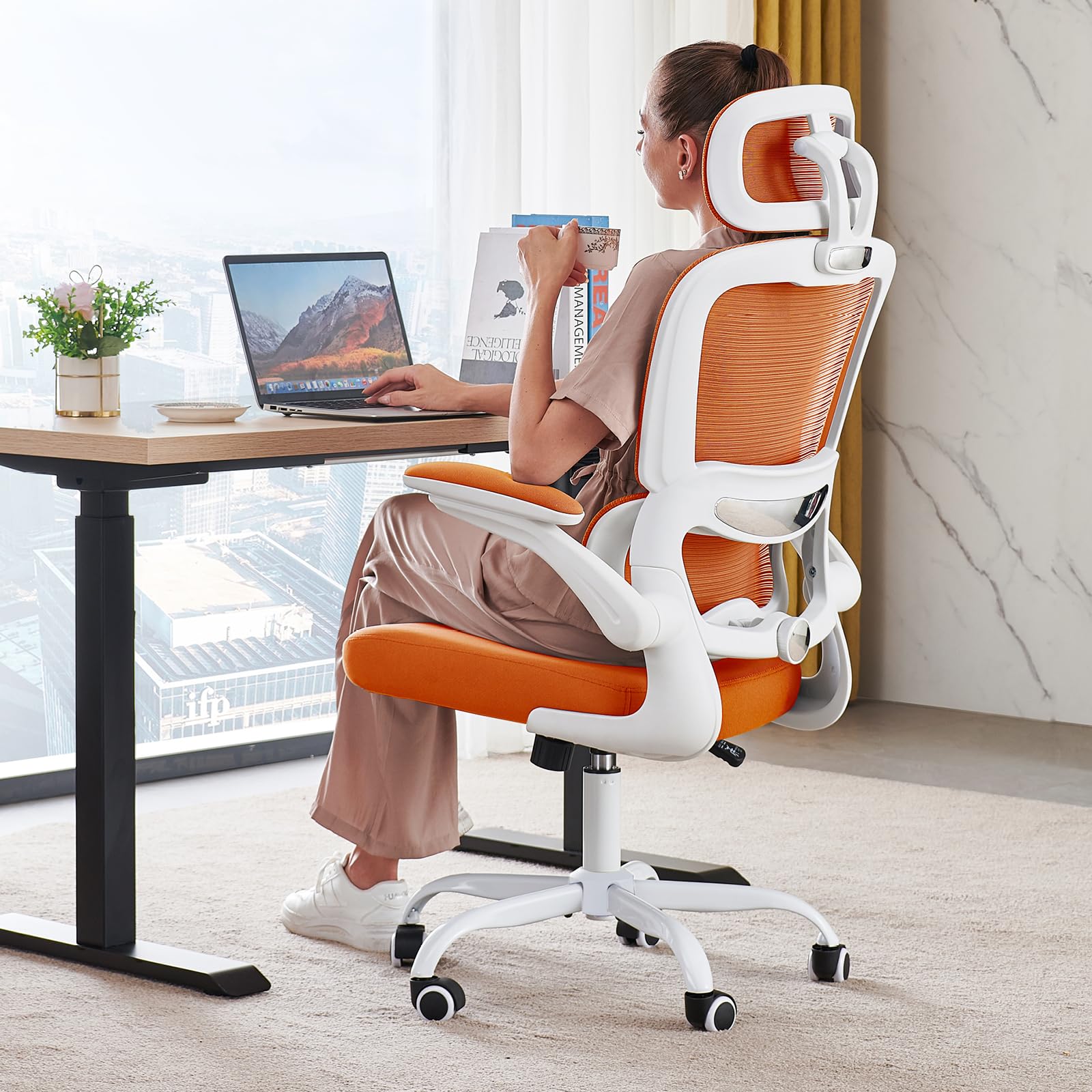 Office Chair Ergonomic Desk Chair, 330 LBS Home Mesh Office Desk Chairs with Wheels, Comfortable Gaming Chairs (Burnt Orange)