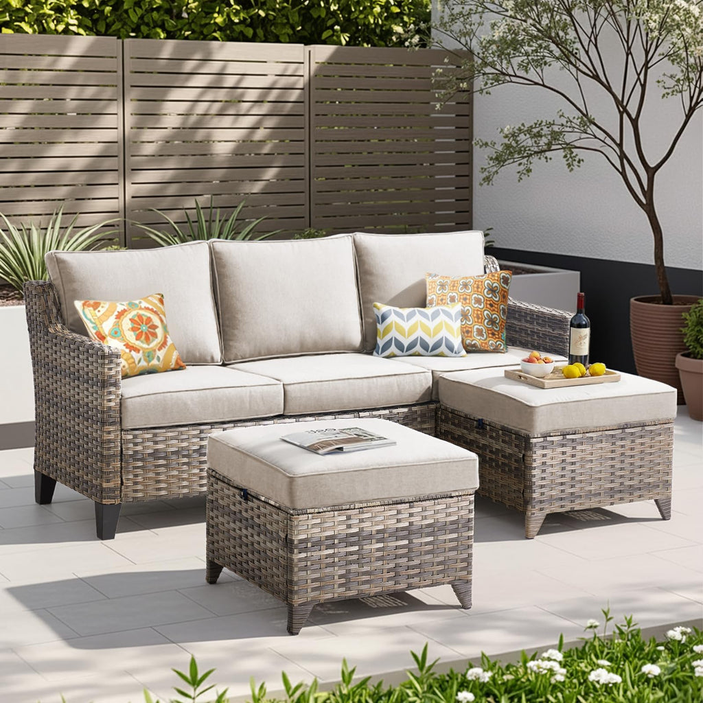 3 Pieces Patio Furniture Sofa Set-Outdoor Wicker Patio Furniture Covered Couch with Multifunctional Ottoman and All-Weather Patio Conversation Set for Backyard Porch Garden Grey/Beige