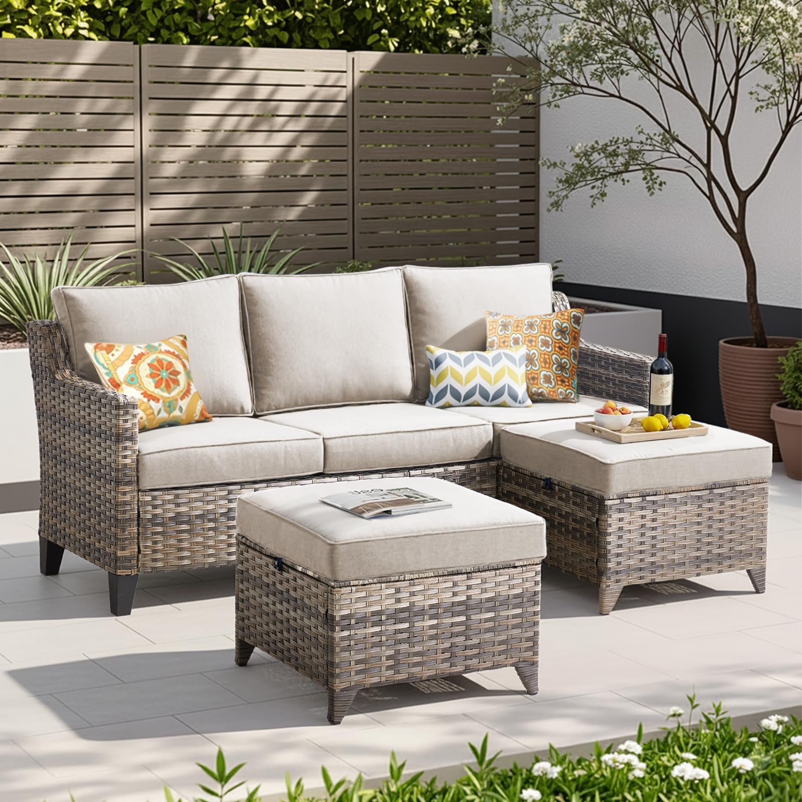 3 Pieces Patio Furniture Sofa Set-Outdoor Wicker Patio Furniture Covered Couch with Multifunctional Ottoman and All-Weather Patio Conversation Set for Backyard Porch Garden Grey/Beige