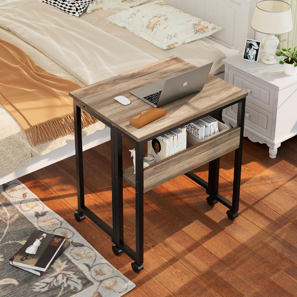 Folding Desk with Wheels, 24.8 Inch Compact Rolling Computer Table with Storage Shelf, Portable Mobile Workstation for Small Spaces, Easy Assembly,Grey Wash