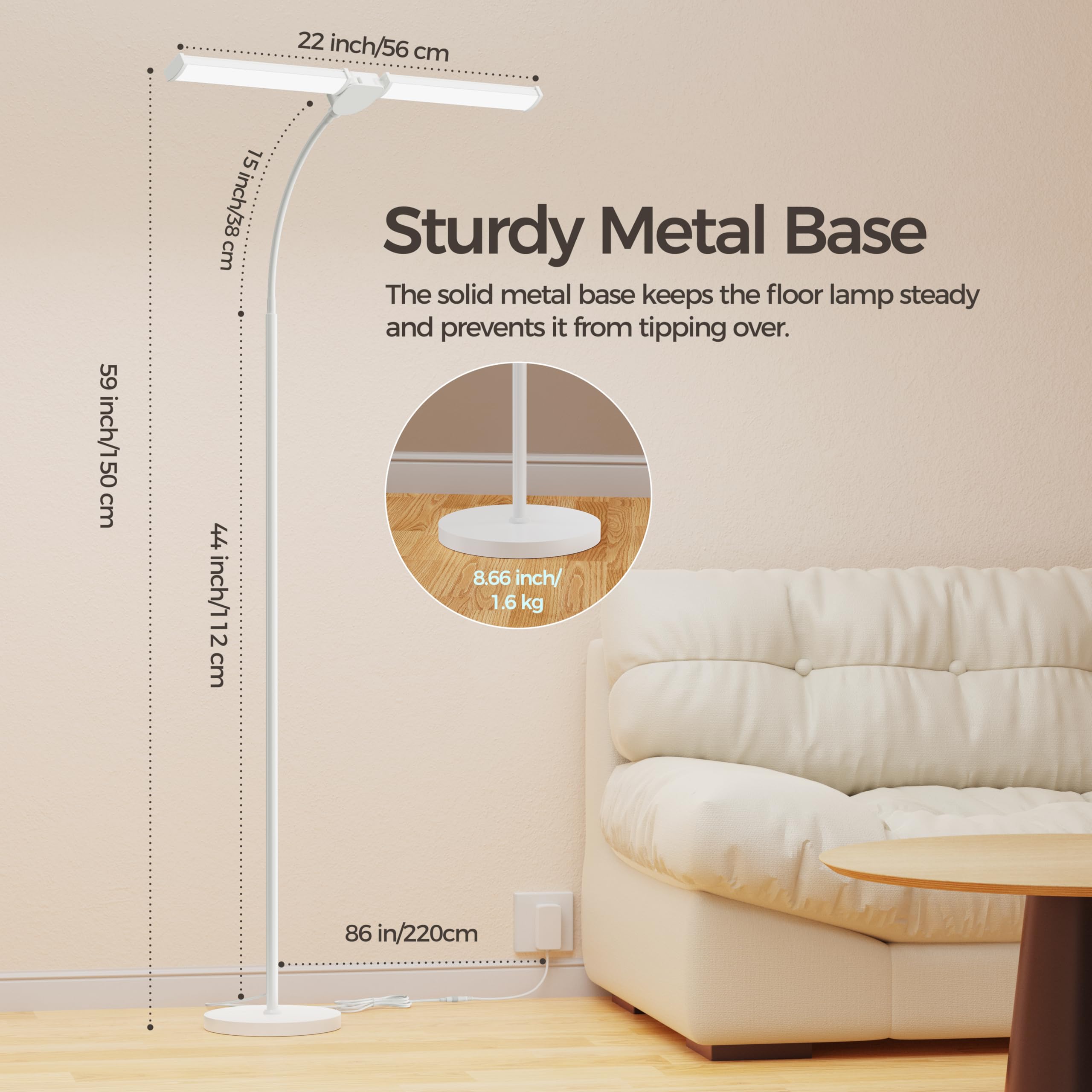 LED Floor Lamp for Living Room, Bright Reading Lamps for Office, Adjustable Colors Temperatures&Brightness, Dual Head Goose Neck Standing Lamp, Remote and Button Control, Eye-Caring Tall Lamp, White