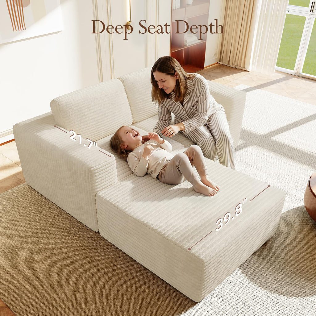 80" Modular Sectional Sofa, Corduroy Cloud Couch with Deep Seats & Spring Support, Compact 2 Seater Boneless Couch, L-Shaped Modular Sofa for Small Spaces, Apartments, No Assembly, Beige