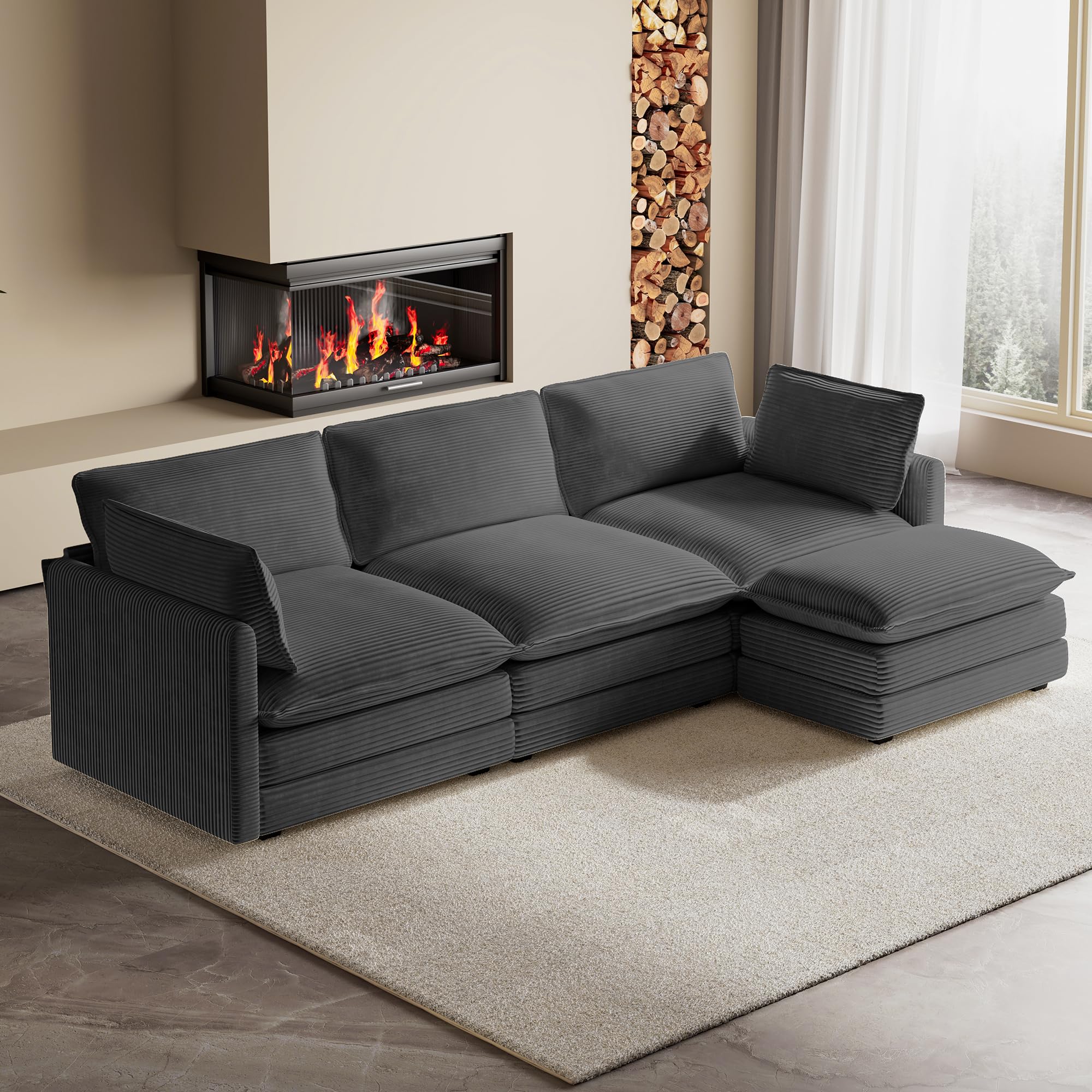 104'' Modular Sectional Cloud Couch with Movable Ottoman, 4 Seat Modern Corduroy Sofa, Deep Seat L Shaped Couch for Living Room Bedroom Apartment, Dark Grey
