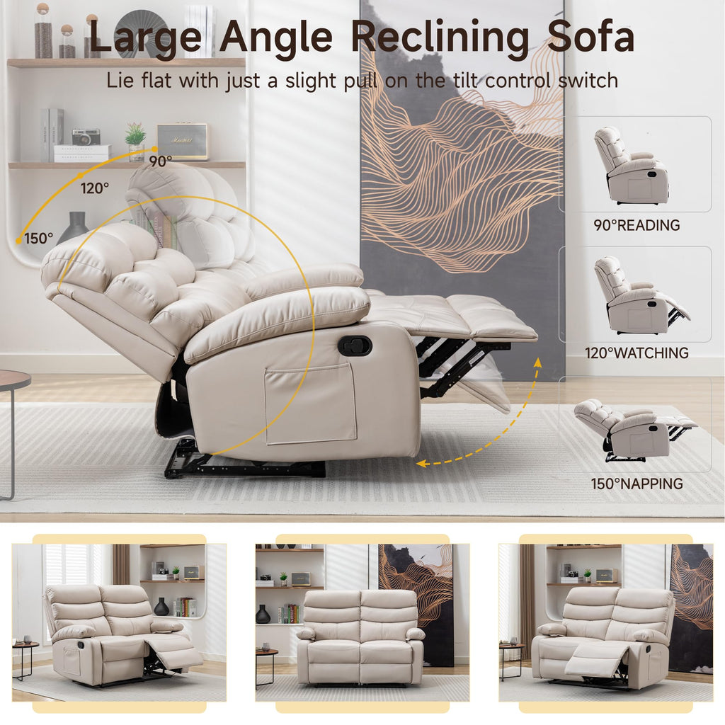 Reclining Loveseat, Leather Double Recliner Sofa with Side Pocket, Wall Hugger Loveseat Recliner for Living Room, RV, Home Theater(Beige)