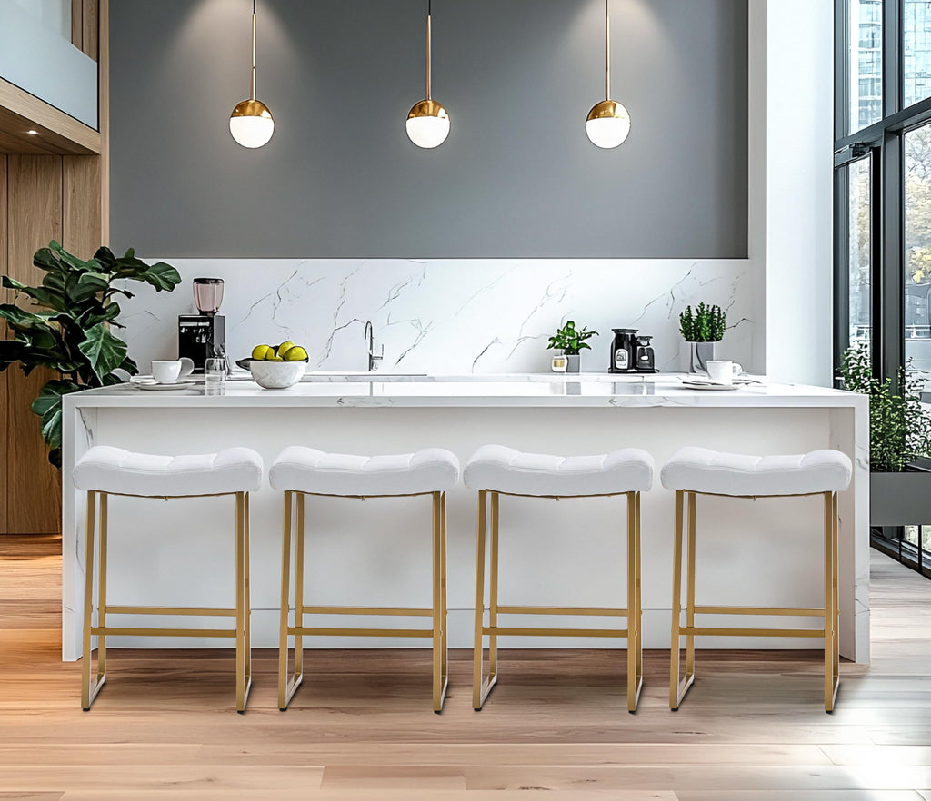 White & Gold Counter Height Bar Stools Set of 6 for Kitchen Counter Backless Kitchen Island Barstools with Upholstered Faux Leather Seat and Gold Base Modern 24 inch Bar Chairs No Back