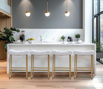 White & Gold Counter Height Bar Stools Set of 6 for Kitchen Counter Backless Kitchen Island Barstools with Upholstered Faux Leather Seat and Gold Base Modern 24 inch Bar Chairs No Back