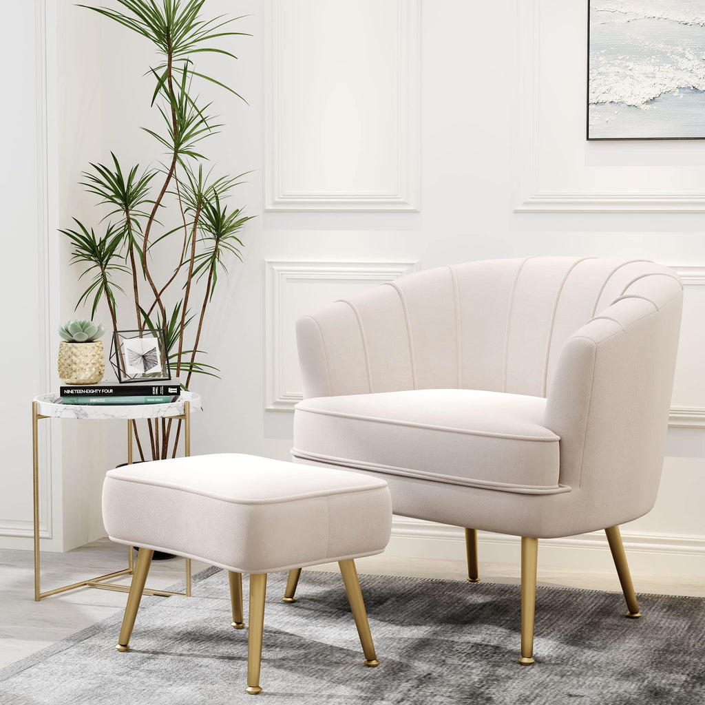 Velvet Accent Chair with Ottoman, Upholstered Modern Single Sofa Side Chair,Comfy Barrel Club Living Room Armchair with Golden Metal Legs for Bedroom Living Reading Room Office, Beige