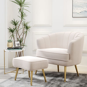 Velvet Accent Chair with Ottoman, Upholstered Modern Single Sofa Side Chair,Comfy Barrel Club Living Room Armchair with Golden Metal Legs for Bedroom Living Reading Room Office, Beige