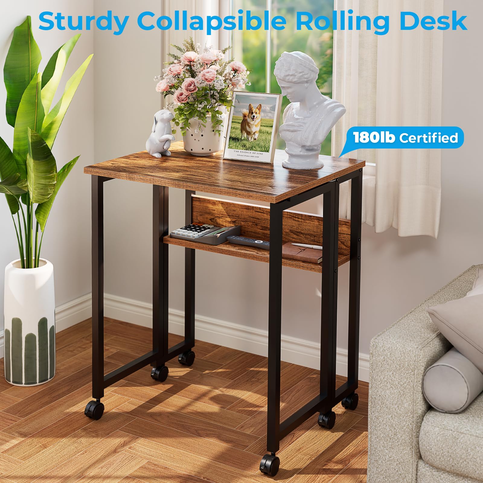 Folding Desk with Wheels, 24.8 Inch Compact Rolling Computer Table with Storage Shelf, Portable Mobile Workstation for Small Spaces, Easy Assembly,Walnut