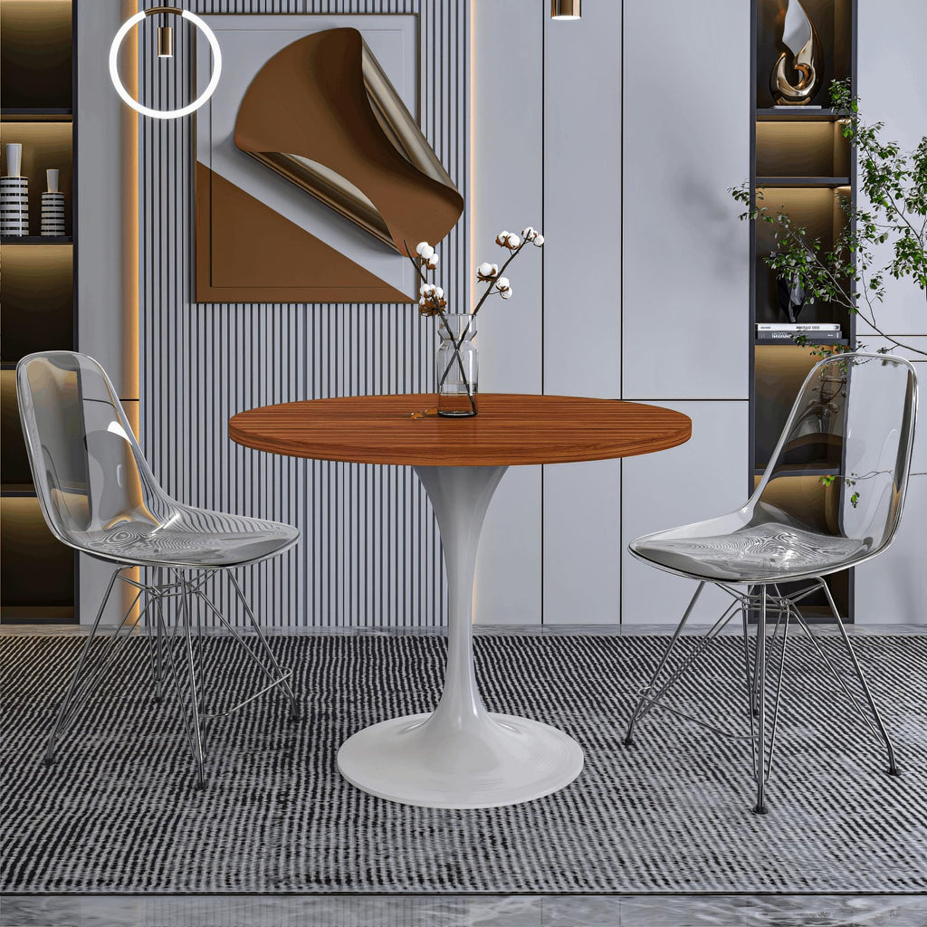Mid-Century Modern 36 Inch Round Dining Table, MDF Wood Tabletop with White Steel Pedestal Base, Contemporary Kitchen & Dining Room Table, for Small Spaces (Cognac Brown)