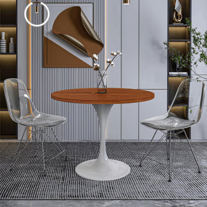 Mid-Century Modern 36 Inch Round Dining Table, MDF Wood Tabletop with White Steel Pedestal Base, Contemporary Kitchen & Dining Room Table, for Small Spaces (Cognac Brown)