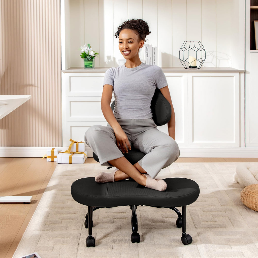Cross Legged Office Chair, Criss Cross Desk Chair ADHD Meditation Kneeling Yoga Seat with Adjustable Height, Lumbar Support, Wider Footrest and Wheels (Black)