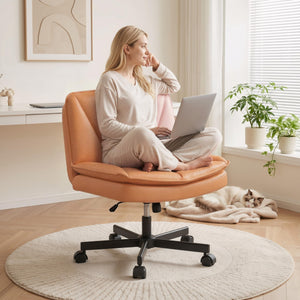 Criss Cross Chair with Wheels,Cross Legged Office Chair with 2 Layer Cushion,Comfy Wide Seat,Adjustable,Leather,Amless, for Home,Office,Bed Room Vanity,Orange