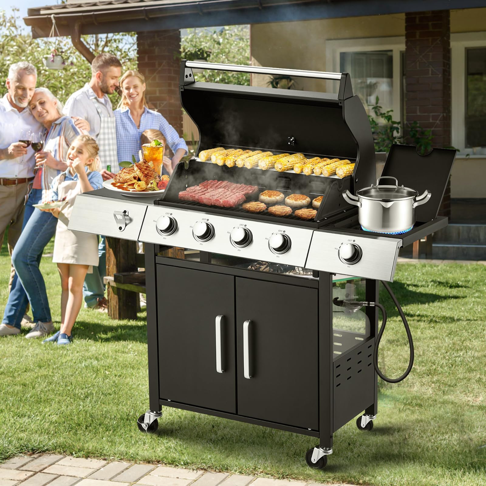 Upgraded 44,000 BTU Stainless Steel Burner Barbecue Grill, 4 Burner BBQ Propane Gas Grill with Side Stove & Cast Iron Grates for Patio, Camping, Outdoor Cooking